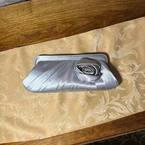 Silver Satin Rosette Pleated Evening Clutch